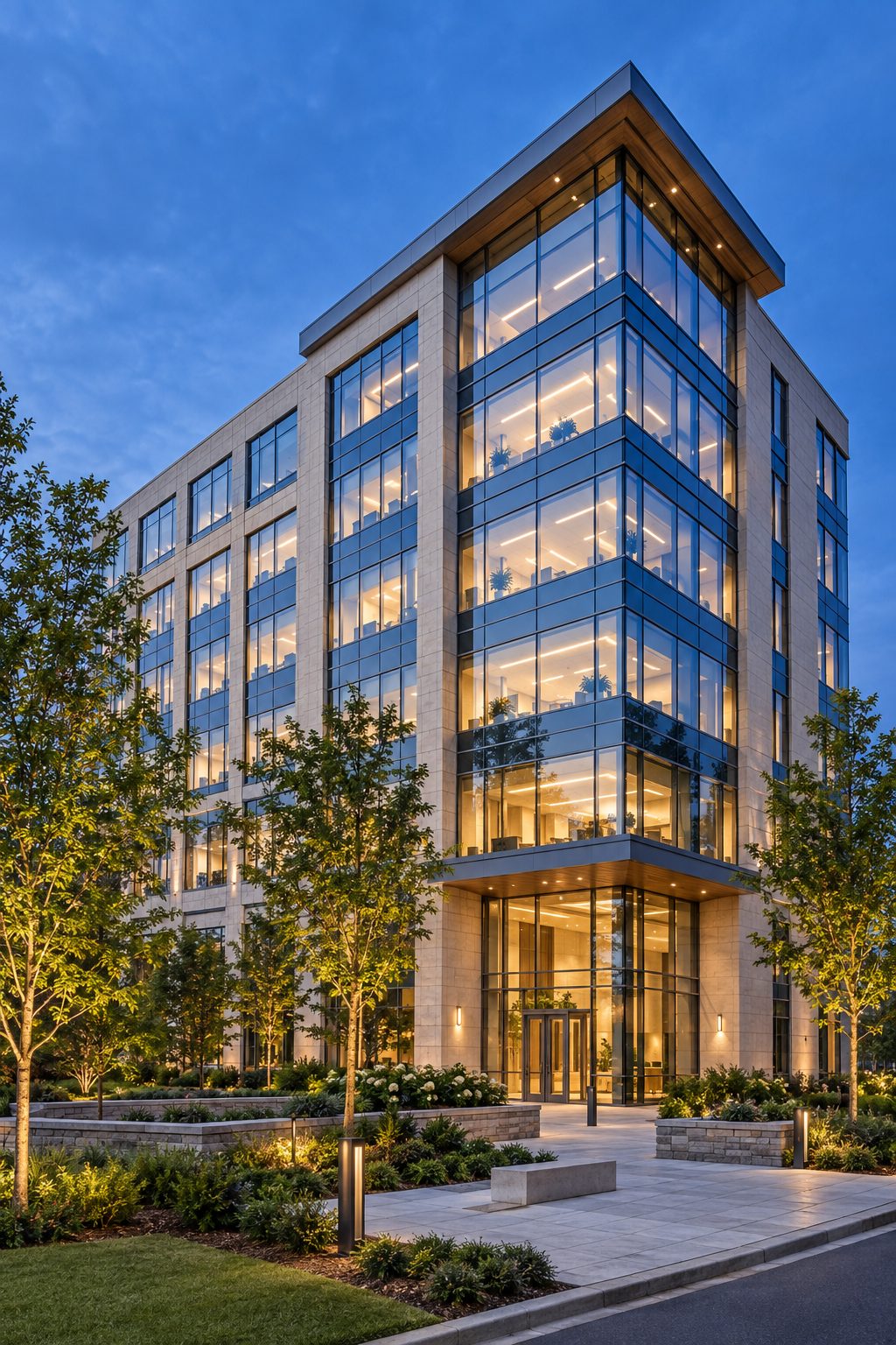 Modern glass office building at blue hour