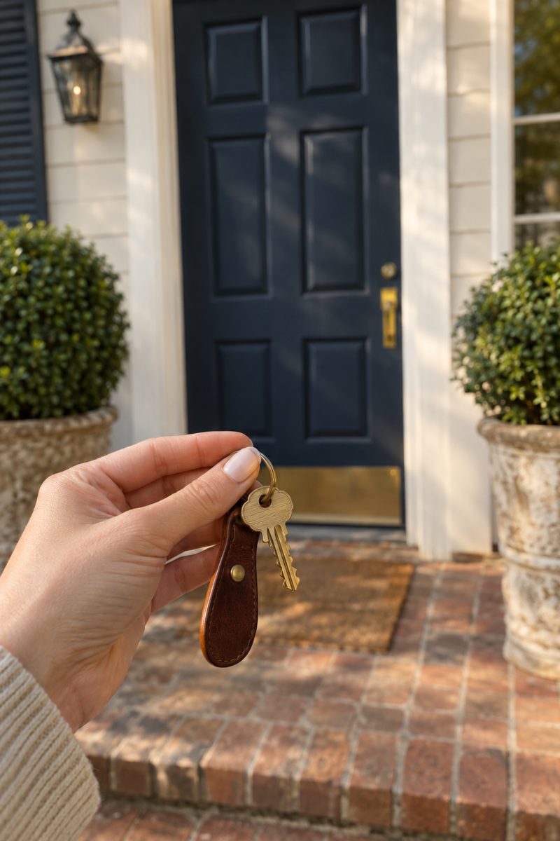 A hand holding a house key in front of a navy front door