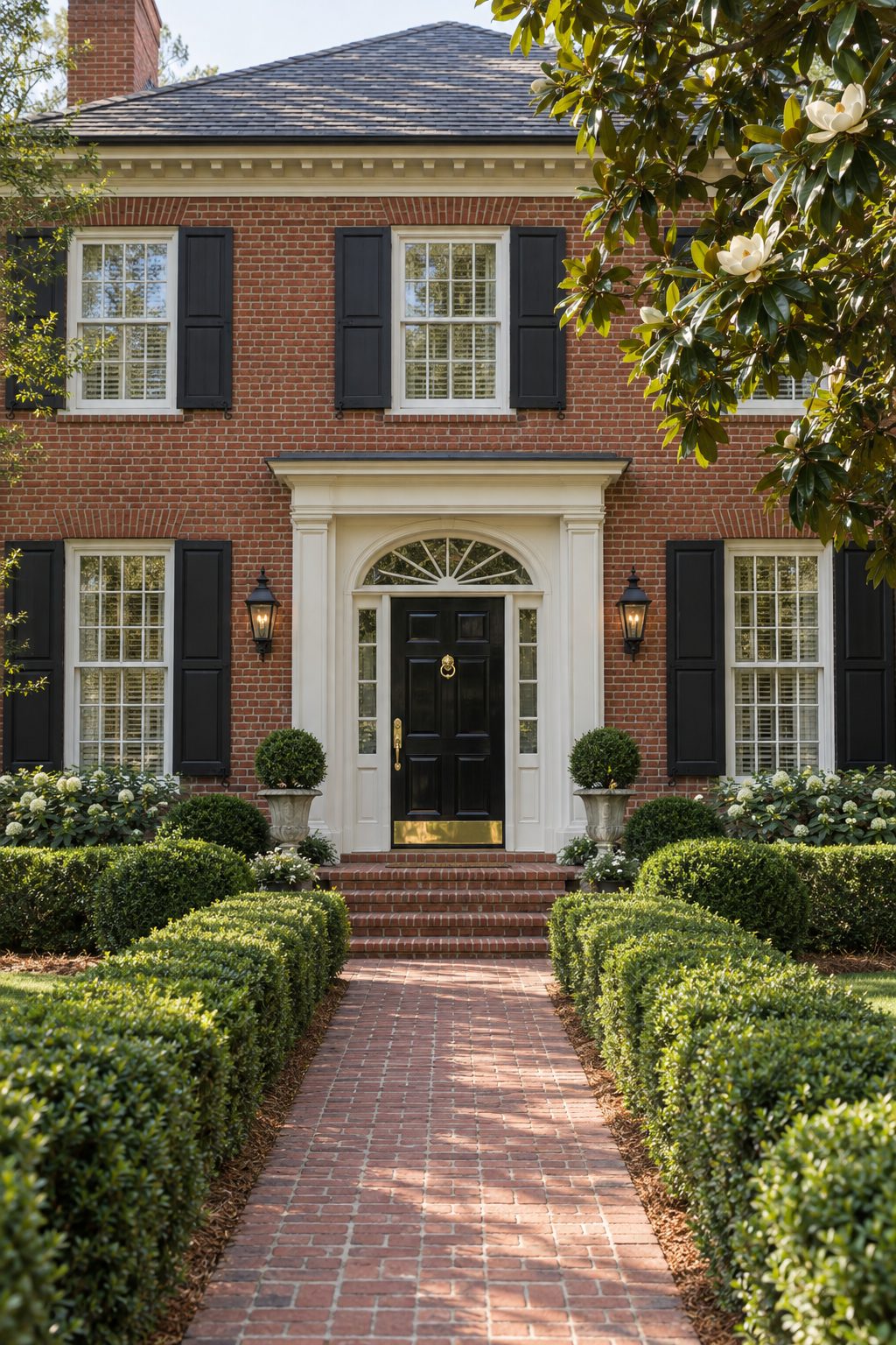 Red-brick Georgia home with a black front door