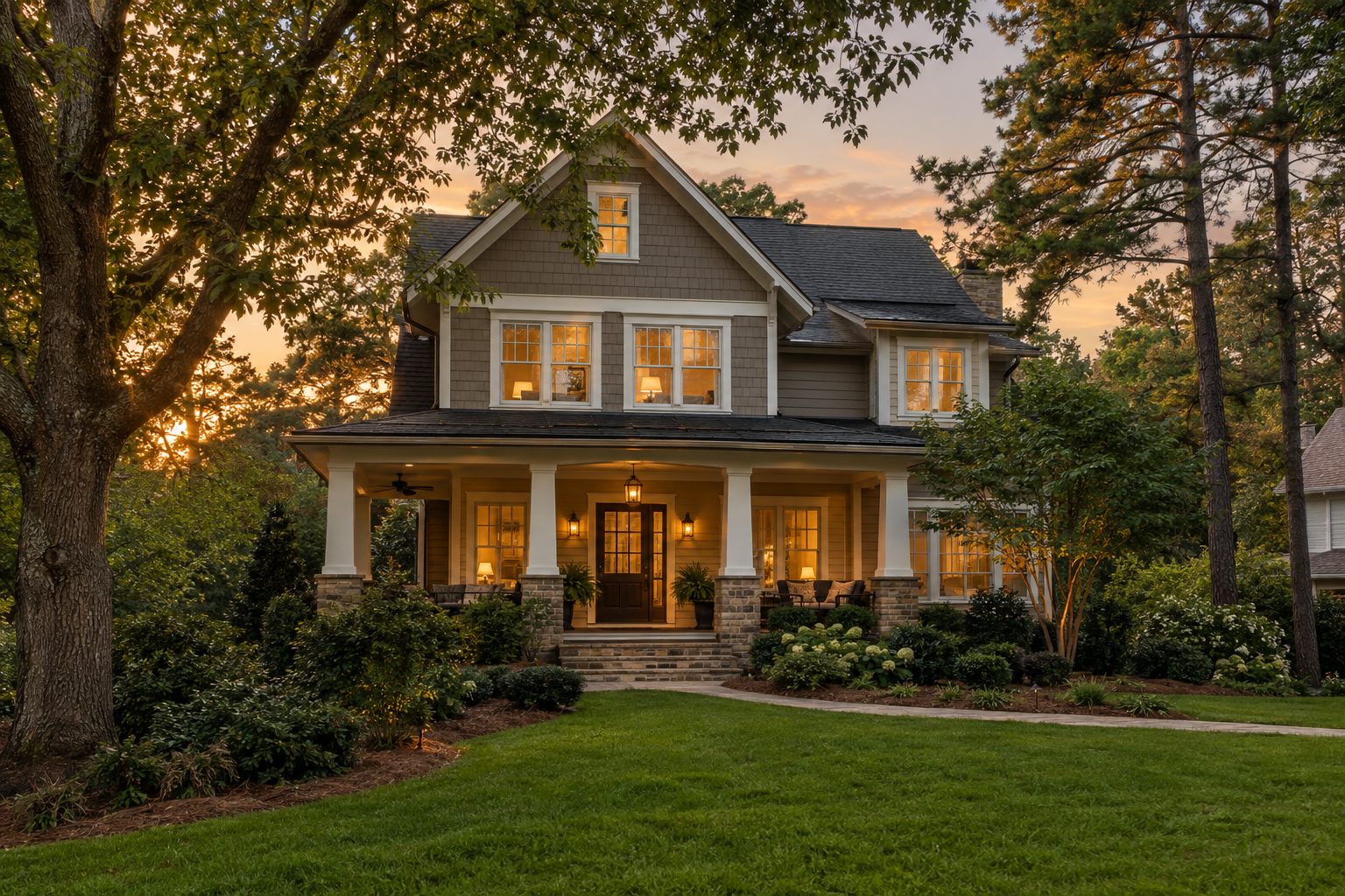 Craftsman home with a lit porch at dusk